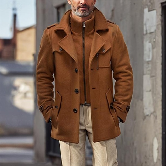  Men's Winter Coat Winter Jacket Trench Coat Fake two piece Wool Pocket Business Casual WorkWear Long Active Vintage Fashion Windproof Warm Winter Solid Colored Black Navy Blue Orange Brown Puffer