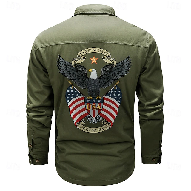 Men's Eagle US Flag Work Shirt Western Shirt Cargo Shirt Long Sleeve Casual Sports & Outdoor Going out Fall Winter Turndown Print Black Army Green Khaki 6