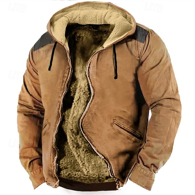  Men's Zip Up Hoodie Full Zip Hoodie Fuzzy Sherpa Fleece Jacket Fleece Hoodie Blue Brown Green Khaki Hooded Plain Zip Up Zipper Pocket Sports & Outdoor Daily Weekend Polyester Vintage Cool Casual Fall
