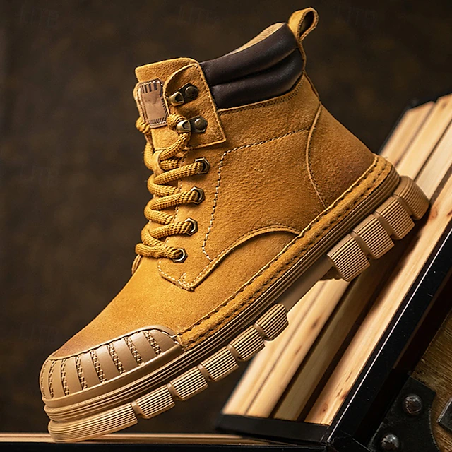 Men's Boots Work Boots Premium Leather Comfortable Slip Resistant Lace-up Yellow Khaki 31
