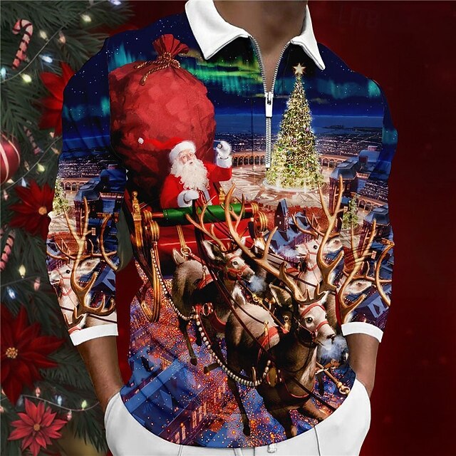 Christmas Men's Christmas Scene 3D Zipper Polo Santa Claus Casual Print 3D Zip Golf Outdoor Casual Daily Streetwear Polyester Long Sleeve Turndown Zip Shirts Blue Fall & Winter S M L Lapel Polo4