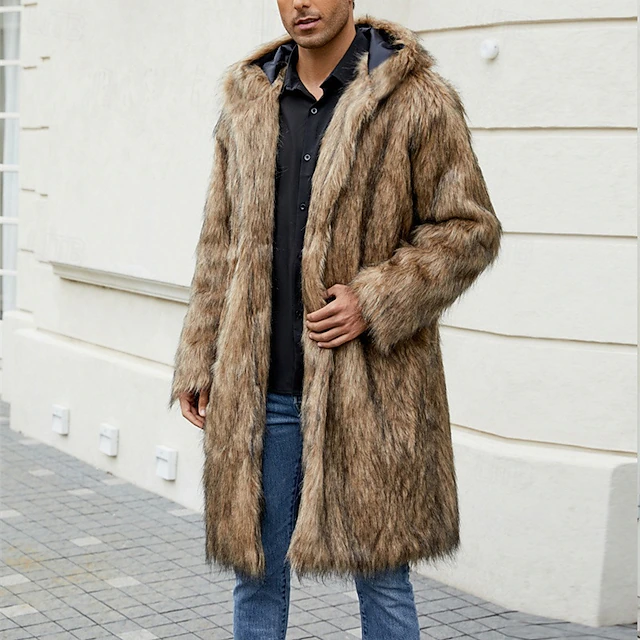 Men's Winter Jacket Fleece Jacket Faux Fur Coat Daily Vacation Thermal Warm Keep Warm Fleece Fall & Winter Leopard Print Fashion Streetwear Hooded Long Black White Yellow Jacket 18