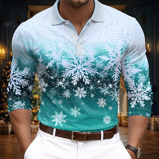  Christmas Men's Snowflake Polo Shirts Golf Polos Shirts Long Sleeve Polo Shirts Collar Casual Vacation Event / Party Dailywear 3D Print Buttons Spring Fall & Winter Black Yellow Red