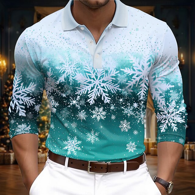 Christmas Men's Snowflake Polo Shirts Golf Polos Shirts Long Sleeve ...