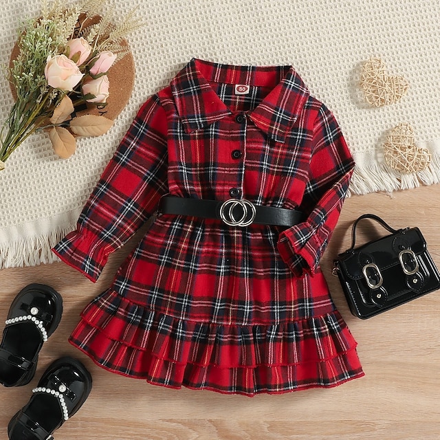  Kids Girls' Dress Plaid Long Sleeve Performance Party Patchwork Adorable Daily Polyester Midi Casual Dress Spring Fall 4 years+ Red