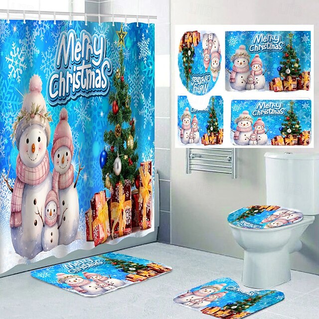 4Piece Christmas Shower Curtain Set with 12 Hooks, StainResistant
