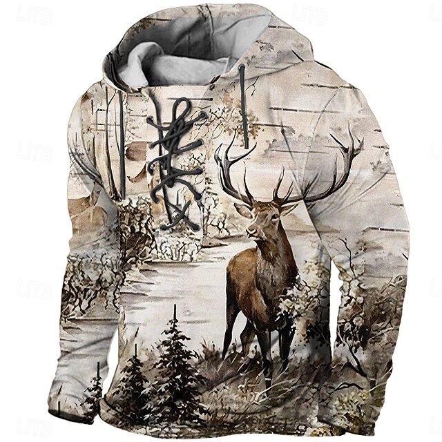 Men's Deer Hoodie Hoodies Sweatshirt Fashion Cool Long Sleeve Hooded Vacation Sports Outdoor Streetwear Beige Drawstring Fall Winter Designer4