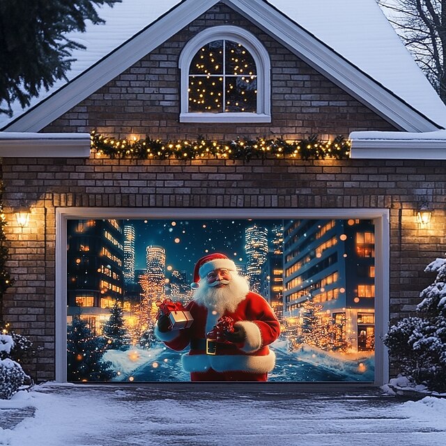 Christmas Door Decorations Outdoor Garage Door Cover Xmas Banner Snow