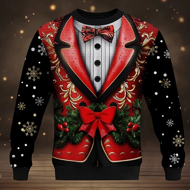 Ugly Christmas Sweater Men's Bowknot Snowflake Pullover Sweater Jumper Crewneck Casual Party Evening Wear New Years Eve Sweater Knitting Thermal Long Sleeve Fall Winter Black4