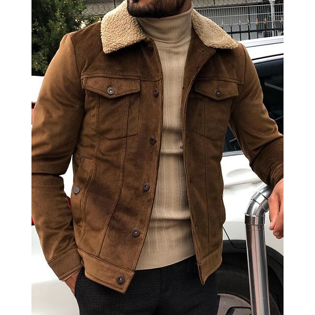 Men's Shirt Jacket Corduroy Jacket Fleece Jacket Formal Home Pocket Winter Spring & Fall Solid Color Vintage Fashion Shirt Collar Regular Brown Jacket 6