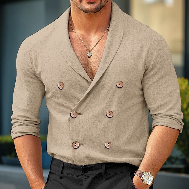  Men's Shirt Linen Shirt Solid Color Formal Party Evening Wear White Navy Blue Khaki Long Sleeve Shawl Collar Spring &  Fall Cross-Seasons Clothing Apparel Buttons