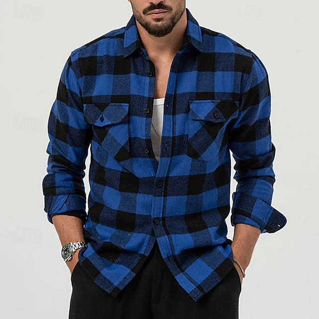 Men's Shirt Flannel Shirt Overshirt Plaid Outdoor Street Yellow Blue Long Sleeve Winter Spring & Fall Clothing Apparel 7