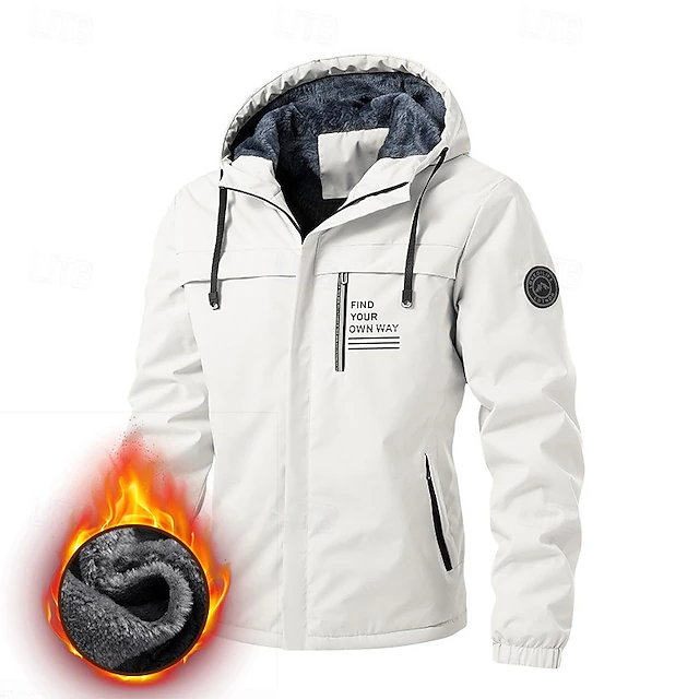 Men's Outdoor Jacket Fleece Jacket Raincoat Hoodie Jacket Daily Vacation Waterproof Windproof Pocket Fall & Winter Letter Fashion Classic Hooded Regular Black White Jacket 9