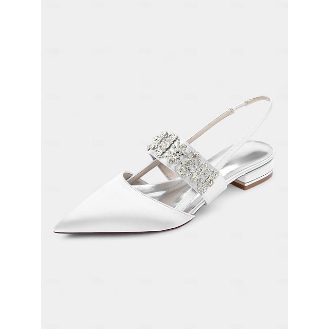  slingback plattor i satin för kvinnor med strass-utsmyckade remmar – eleganta spetsiga lågklackade skor för formella evenemang