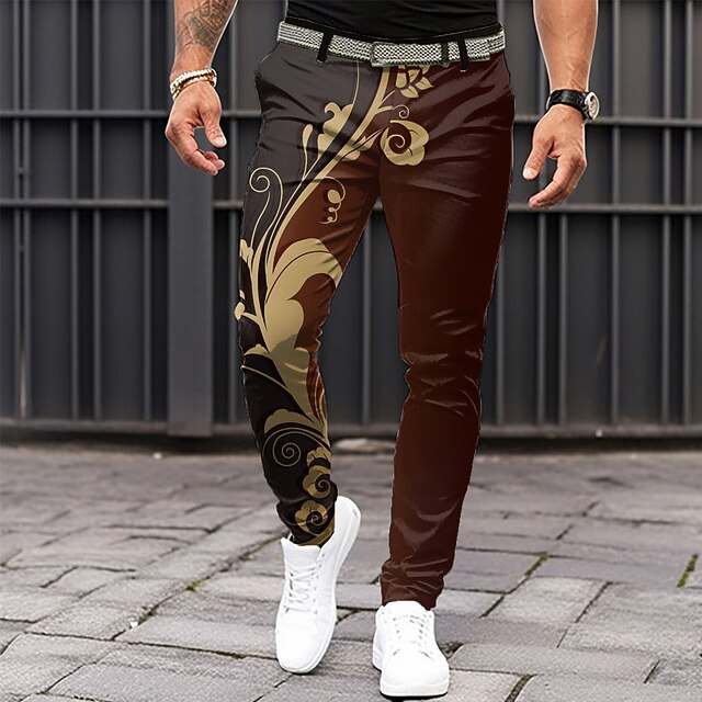 Men's Floral Dress Pants Mid Waist Vintage Casual Outdoor Home Dailywear Zipper Pocket Summer Spring Fall 3D Print Brown4