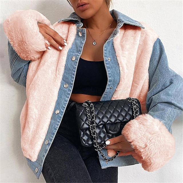 Women's Sherpa Jacket Denim Jacket Outdoor Street Daily Wear Fall Winter Regular Coat Regular Fit Thermal Warm Breathable Stylish Casual Jacket Long Sleeve Solid Color with Pockets Faux Fur Trim 6