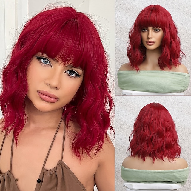  Cosplay Costume Wig Bouncy Curl Bob Neat Bang With Bangs Wig 14 inch Red Synthetic Hair Women's Elastic Adorable Comfortable Red