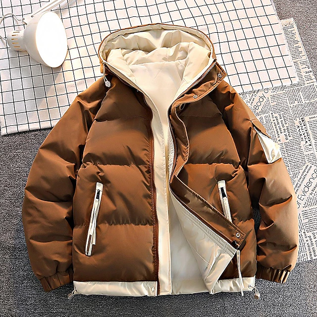 Men's Winter Coat Puffer Jacket Padded Jacket Hoodie Jacket Pocket Daily Vacation Going out Regular Fashion Classic Casual Warm Fall & Winter Color Block Black Light Green Coffee Puffer Jacket 13