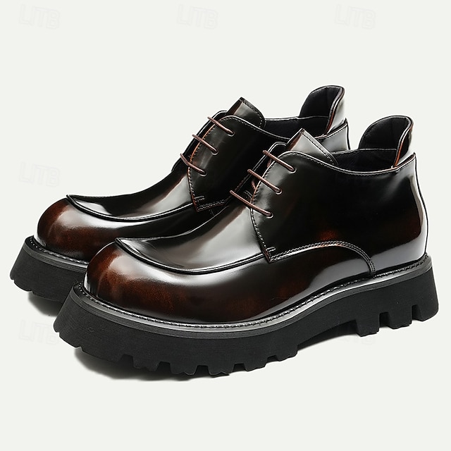  Botas masculinas de couro envernizado marrom com cadarço grosso - sapatos sociais casuais de grife com sola robusta para moda urbana
