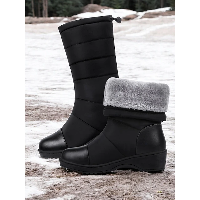 Women's Winter Snow Boots Black Waterproof, Faux Fur Lined, MidCalf