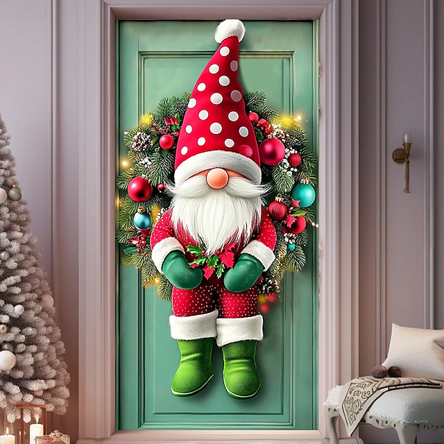 Christmas Door Decorations Door Covers Xmas Wreath Dwarf Door Tapestry Door Curtain Decoration Backdrop Indoor/Outdoor Door Banner for Front Door Farmhouse Gnome 10