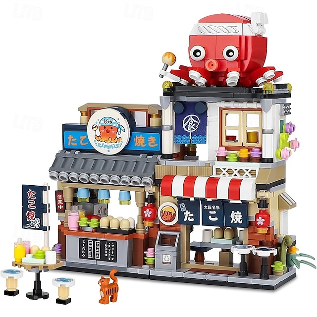  תצוגת רחוב יפנית takoyaki חנות מיני אבני בניין moc צעצועים יפניים יצירתיים לילדות 6-12 שנים 722 יחידות סימולציה ארכיטקטורה בנייה רעיון למתנה צעצוע לילדים מבוגרים