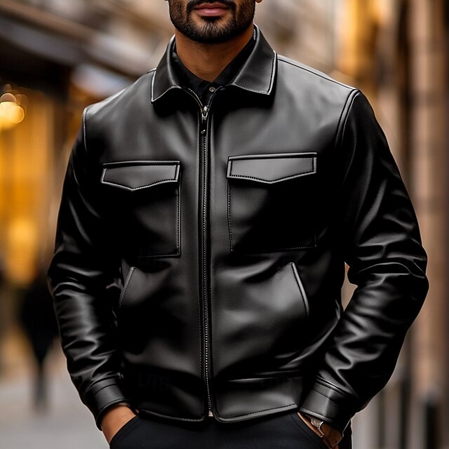 Men's Faux Leather Jacket Biker Jacket Motorcycle Jacket Daily Thermal Warm Rain Waterproof Zipper Pocket Fall & Winter Solid Colored Punk Vintage Stand Collar Regular Black Brown Jacket 6