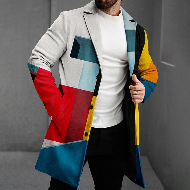 Men's Plaid Winter Coat Fleece Jacket Overcoat Thermal Comfortable Business Casual Formal Daily Wear 3D Print Buttons Front Pocket Winter Turndown Long Sleeve Yellow Red Multi Color 6