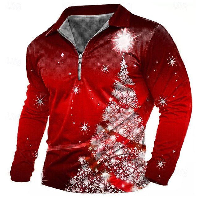 Christmas Men's Sparkly Polo Shirts Golf Polos Shirts Long Sleeve Polo Shirts Collar Casual Party Evening Wear Dailywear Vacation New Year Eve Buttons 3D Print Red4