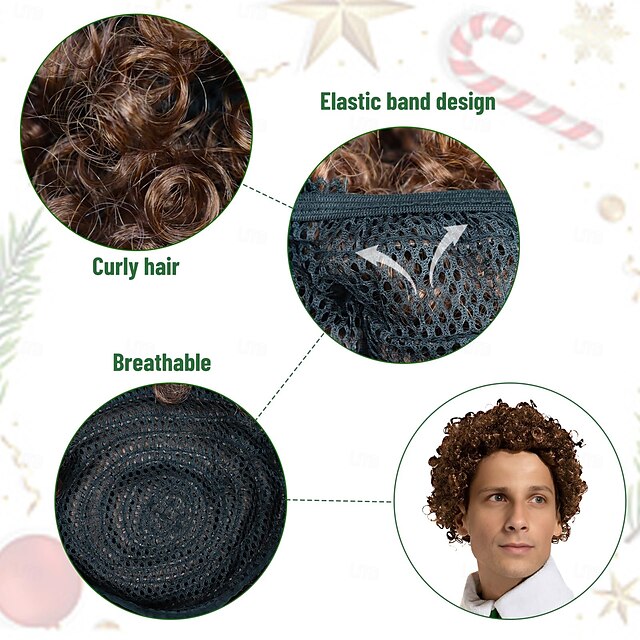  Wig Curly Wig Men Cosplay Holiday Party Costumes Brown Full Wigs for Christmas One Size