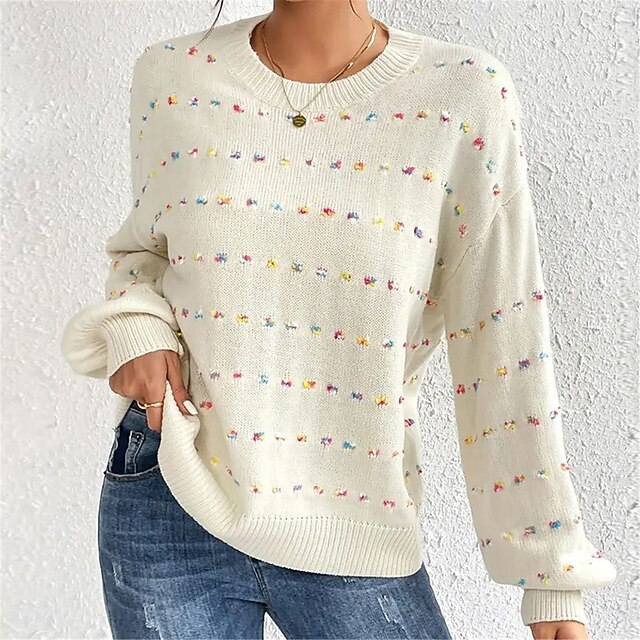 Women's Sweater Pullover Sweater Jumper Casual Soft Pure Color Ribbed Crew Neck Patchwork Knitted Long Sleeve Regular Tops Knit Outdoor Daily Weekend Apricot Fall Winter 7