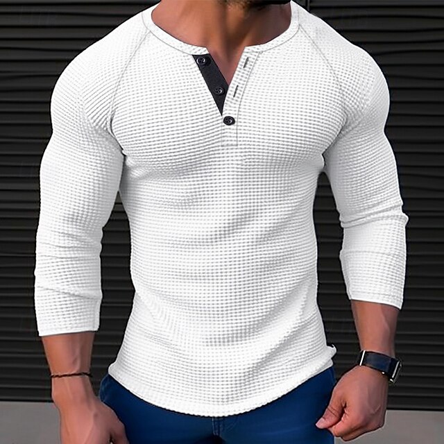  Férfi Póló Gofri Henley ing Henley ing Tee Top Hosszú ujjú ing Sima Henley Utca Vakáció Hosszú ujj Ruházat Poliészter Divat Dizájn Alap