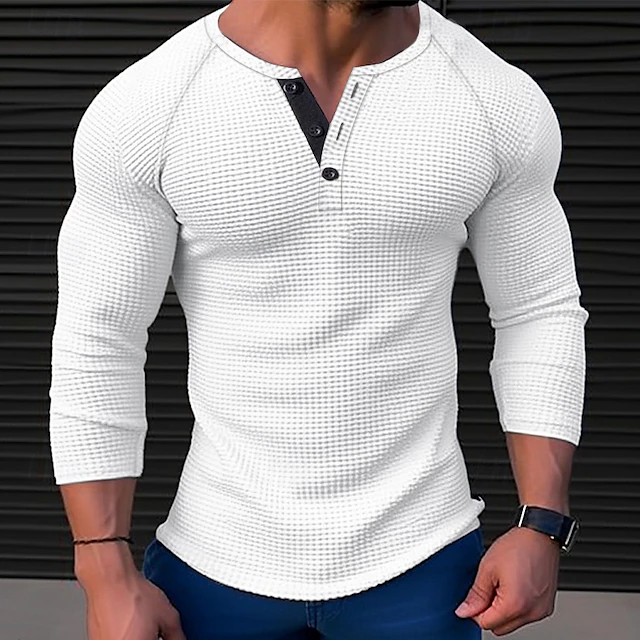 Men's T shirt Tee Waffle Henley Shirt Henley Shirt Tee Top Long Sleeve Shirt Plain Henley Street Vacation Long Sleeve Clothing Apparel Polyester Fashion Designer Basic 9