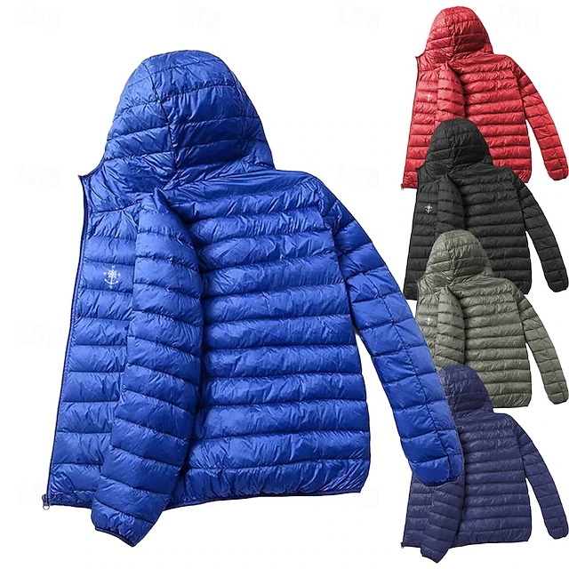 Men's Graphic Nautical Compass Down Jacket Puffer Jacket Waterproof Casual Daily Holiday Going out Print Fall Winter Hooded Long Sleeve Black Red Navy Blue 9