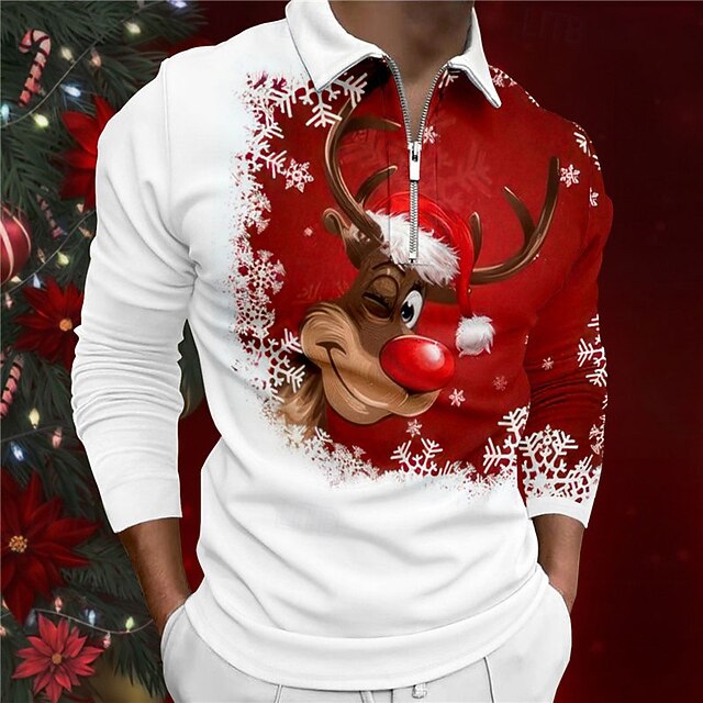 Christmas Men's Christmas animal 3D Zipper Polo Elk Casual Print 3D Zip Golf Outdoor Casual Daily Streetwear Polyester Long Sleeve Turndown Zip Shirts Wine Fall & Winter S M L Lapel Polo4
