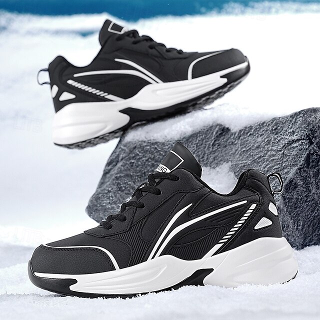 Men's Black Running Sneakers with Fur Lining, Winter Warm Athletic