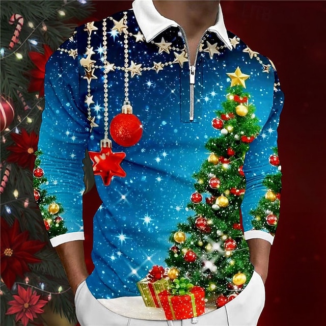 vánoční pánský vánoční stromeček 3d zip polo strom ležérní zip golf dlouhý rukáv venkovní ležérní denní streetwear podzim & zimní 3D tisk turndown zip modrý polyester
