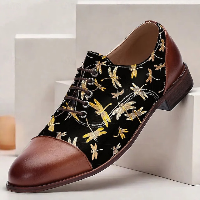  sapatos oxford vintage masculinos com cadarço - preto com tecido jacquard libélula, biqueira e salto de couro sintético marrom, ideais para estilos casuais e retrô