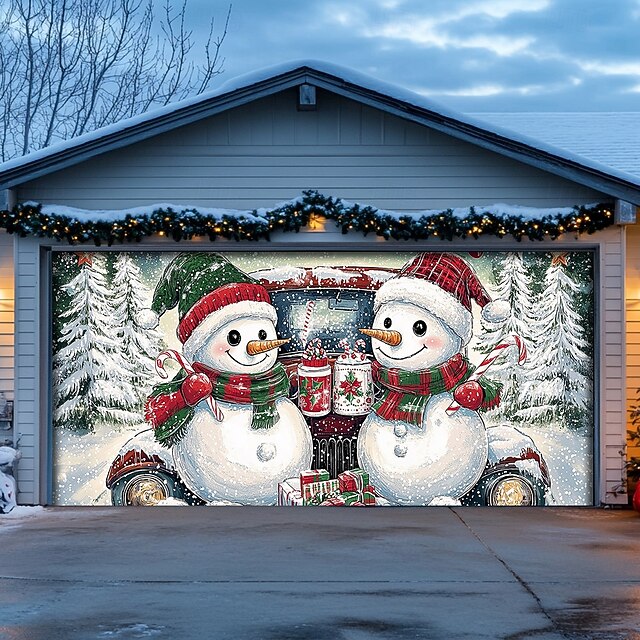 Christmas Door Decorations Outdoor Garage Door Cover Snowman Xmas Tree Banner Farmhouse Large Christmas Backdrop for Holiday Outdoor Garage Door Home Wall Decorations 26