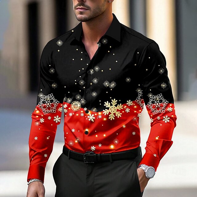 Christmas Snowflake Casual Men's Dress Shirt Button Up Shirt Long