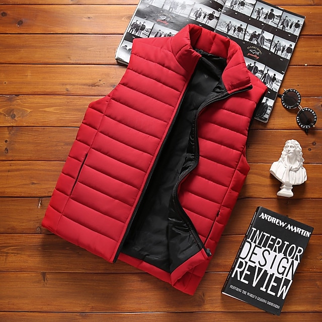  Herre Puffer Vest Quiltet vest Daglig Stævnemøde Ferierejse Mode Afslappet Efterår vinter Lomme Polyester Hold Varm Bekvem Helfarve Lynlås Høj krave Regulær Sort Rød militærgrøn Mørkeblå Vest