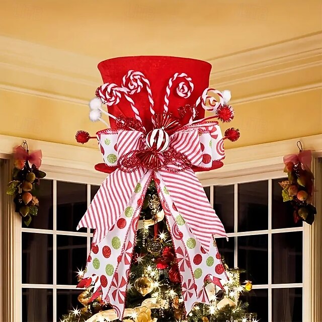 Classic Red Polyester Christmas Tree Topper with Candy Stick Bow