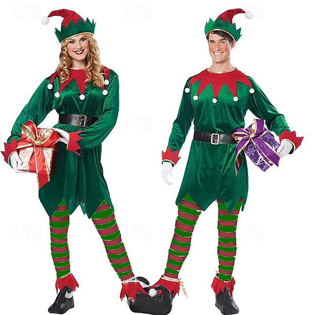 Elf Outfits Christmas Dress Elf Costume Cosplay Costumes Men's Women's Christmas Special Adults Christmas Carnival Masquerade Christmas Party Top Belt Stockings Shoes Hat4