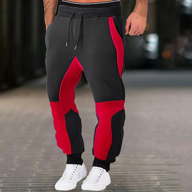 Men's Fleece Pants Sweatpants Joggers Trousers Pocket Drawstring Elastic Waist Color Block Plain Comfort Warm Full Length Sports Outdoor Casual Daily Fashion Streetwear Black Red 7
