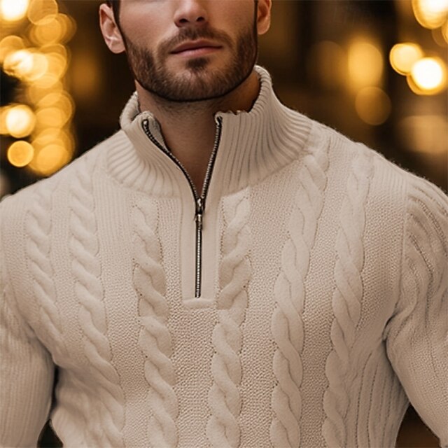 Men's Sweater Cable Knit Knit Cable Solid Color Standing Collar Elegant