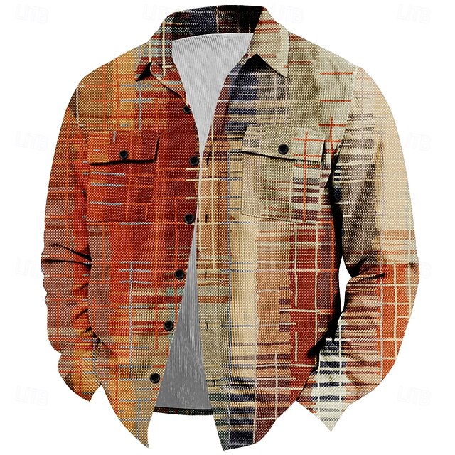 Men's Plaid / Check Geometric Pattern Corduroy Shirt Shirt Jacket Overshirt Long Sleeve Vintage Casual Outdoor Dailywear Fall & Winter Turndown Collared Shirts Buttons 3D Print 2 Pockets 1pc Orange4
