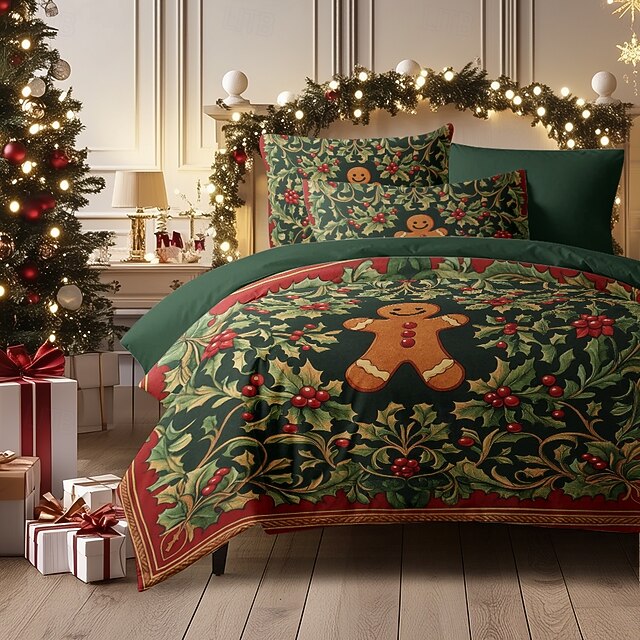  Conjunto de capa de edredom de homem de gengibre tamanho queen king size 100% algodão conjunto de edredom de natal completo 3 peças capa de edredom e fronhas macias e respiráveis para crianças e adultos tema de feriado de natal