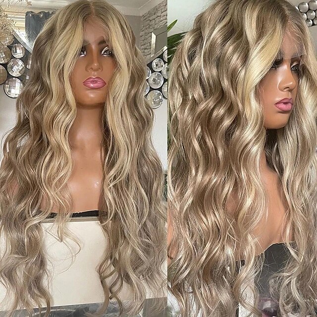  Perruque Cheveux Naturel Rémy Fermeture 5x5 13x4 devant en dentelle Cheveux Brésiliens Ondulé Blond Partie libre Femme Densité 130% 150% avec des cheveux de bébé Mèches Colorées / Balayées Sans colle