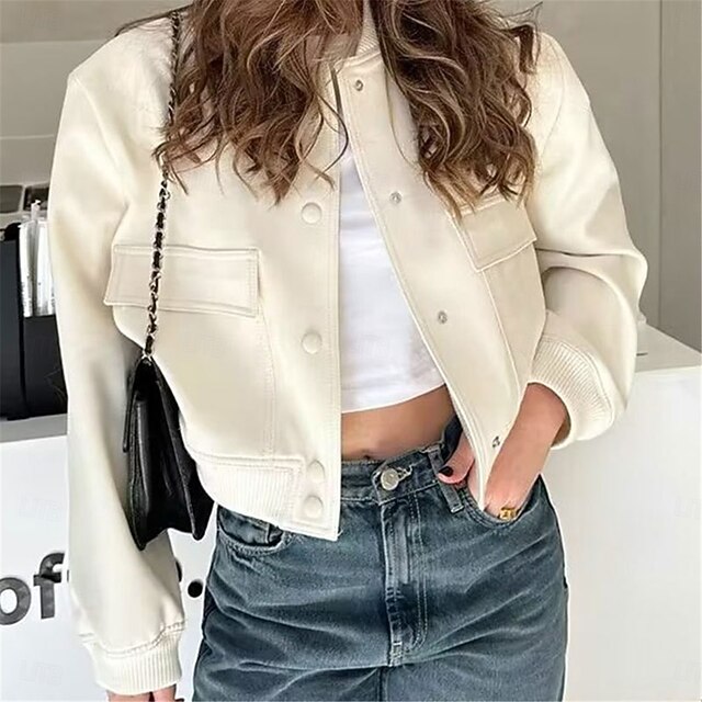 Women's Bomber Jacket Outdoor Street Daily Wear Fall Winter Short Coat Regular Fit Thermal Warm Breathable Stylish Casual Jacket Long Sleeve Solid Color with Pockets Black Pink Khaki 8