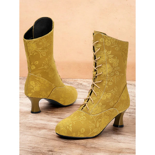 Women's Vintage Floral Lace-Up Ankle Boots with Mid Heel – Elegant Jacquard Boots for Retro Style and Special Occasions 14